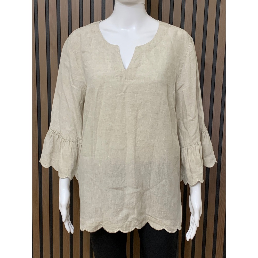 John Mark Linen Tunic Top XL Oatmeal Beige Scalloped Hem Ruffle Sleeve V-Neck